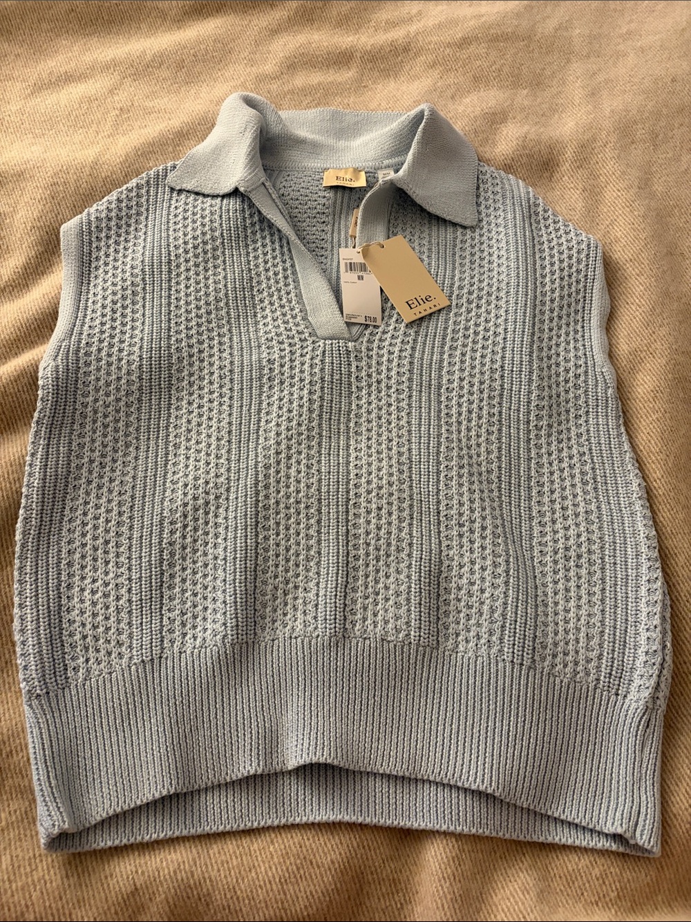 NWT Elie Tahari 100% Cotton Light Blue Knit Collared Sleeveless Sweater Vest